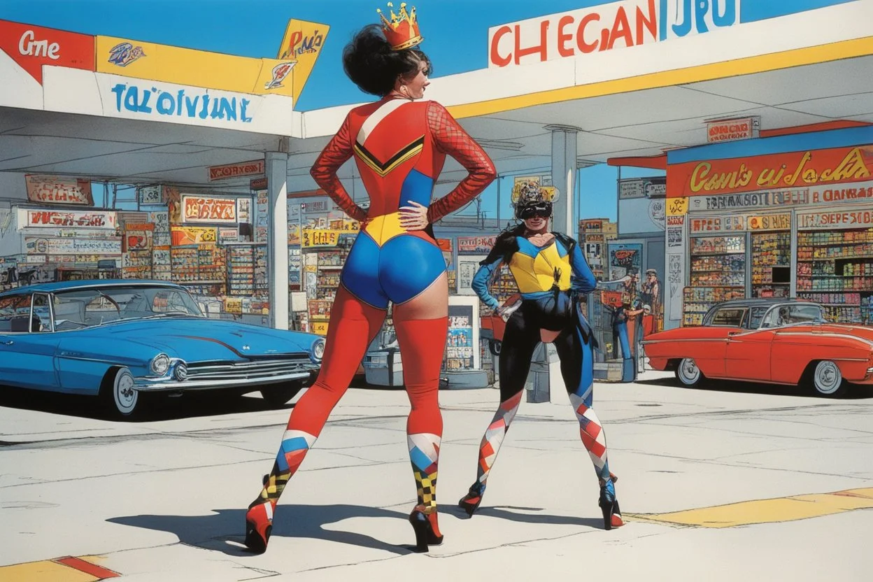 one woman in bright colorful and checkered (high res photo by Ralph Steadman in the 70ties) super heroine in leotard (chevron, lycra, nylon, spandex, tights) stops a massive violent thief at a gas stations, she is the queen of jujustu