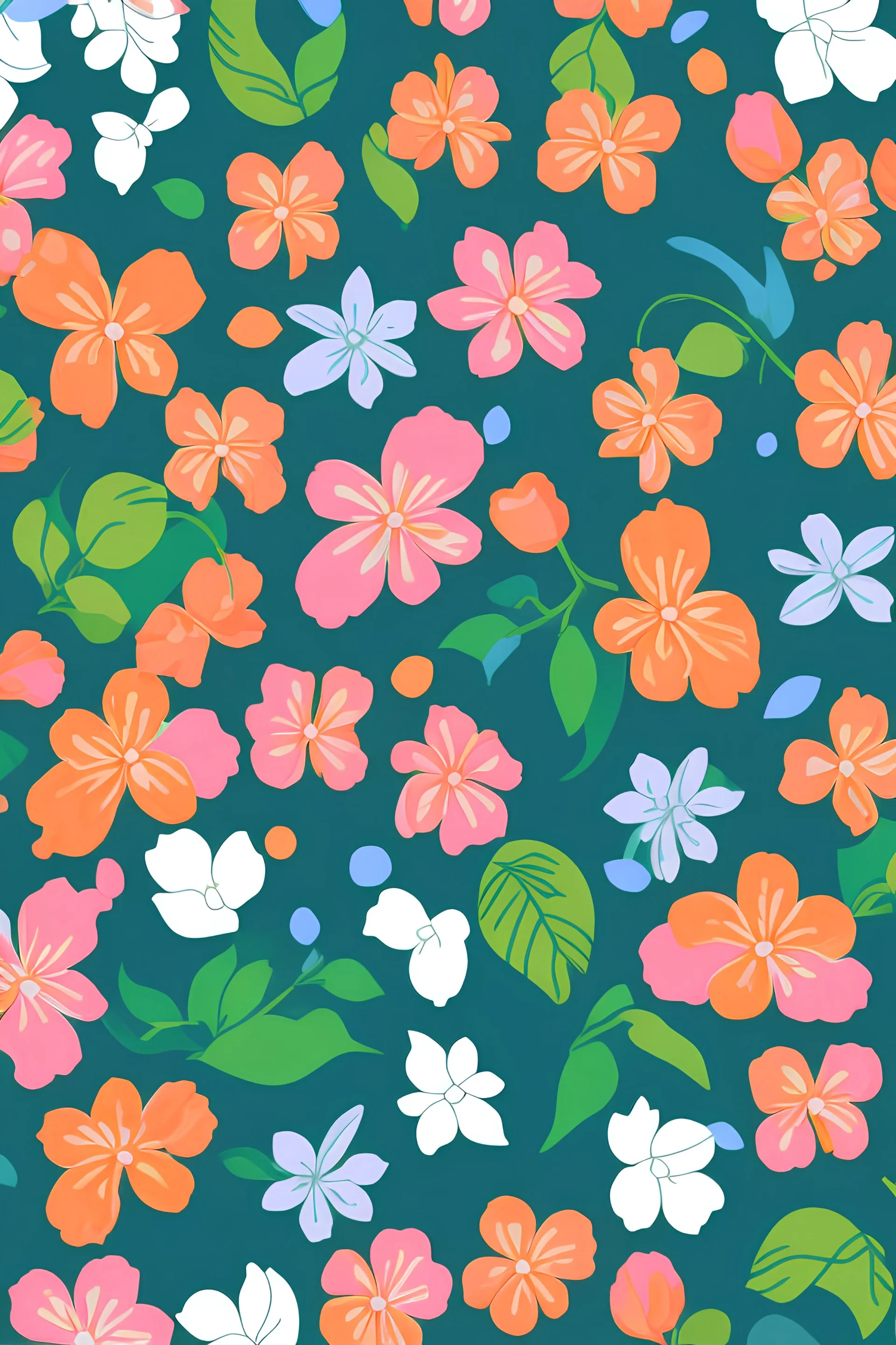 a brightly colored flower design pattern featuring a white background, green leaves, pink, blue and orange flowers