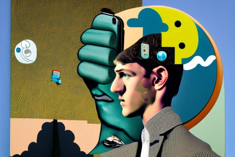 giant mobile phone with earth on the screen and small man with head inside it in the style of Eileen Agar