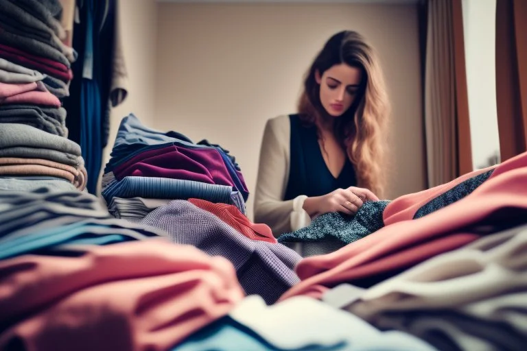 fotografía real, realizada con una cámara Canon y un objetivo de 35 mm, de una mujer europea seleccionando ropa entre un montón