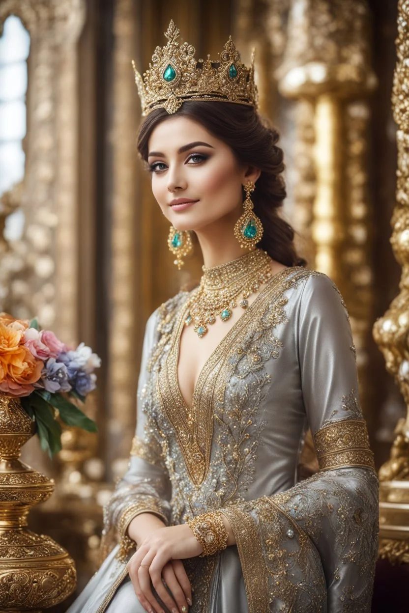 Stand pose gorgeous photography art,cinematic realistic colors,soft blur lens focus dslr,natural beauty, of young woman, smiling, beautiful, shiny grey eyes, make up,Queen Persian style, shiny baubles, ornate, large gemstones, shiny molten metalics, shiny ornaments flowers pattern golden,full jewelrys diamonds bright shining,brown hair, high definition,stand in luxury castle background