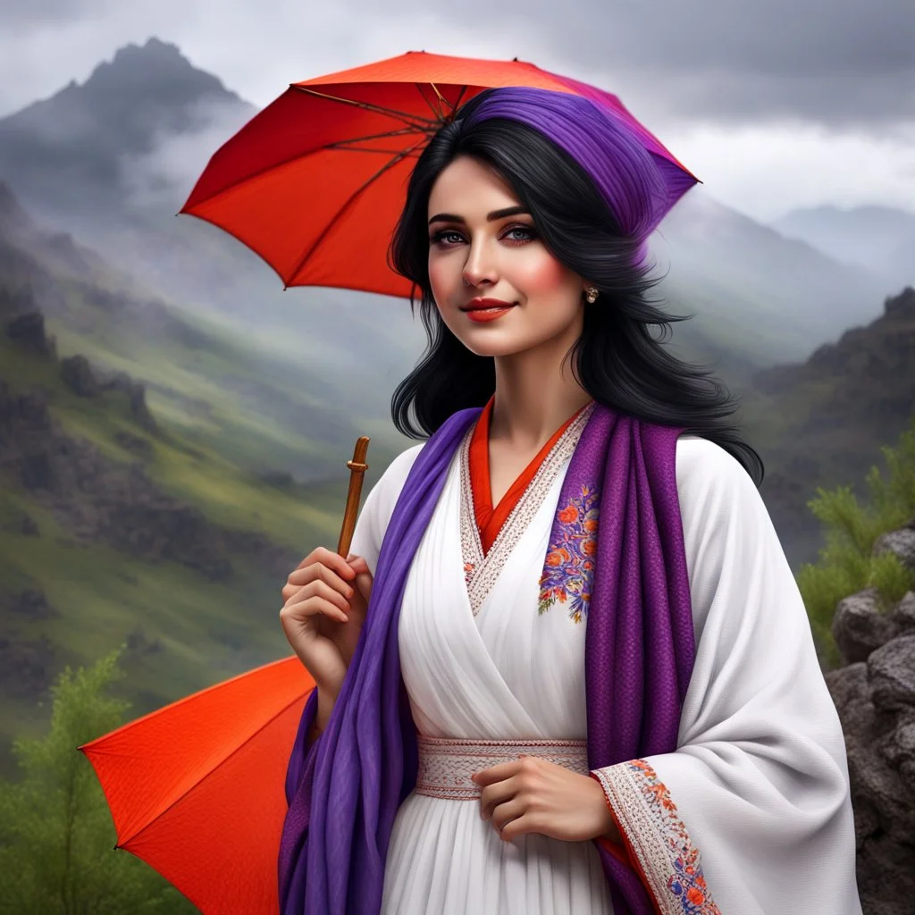 Hyper Realistic Beautiful Young Happy Pashto Woman With Beautiful-Black-Eyes-&-Black-Hair-&-A-Mole-on-Her-Face Wearing White-Frock & Purple-Shawl-With-Orange-Embroidery Carrying An Red Umbrella On Mountain-Top With Greenery & Breathtaking Cloudy-Rainy-Weather Showing Dramatic & Cinematic Ambiance