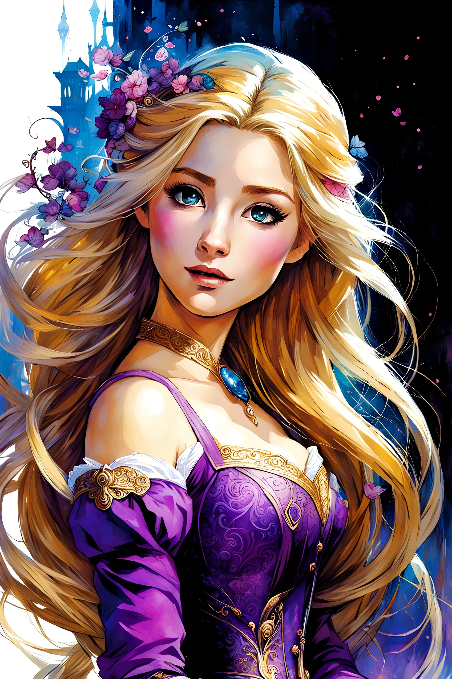 Rapunzel from Tangled, cute, beautiful, colorful, hyperdetailed, elemental, ethereal, whimsical, cheerful, heartfelt, by nicolas delort, alex maleev, yoji shinkawa