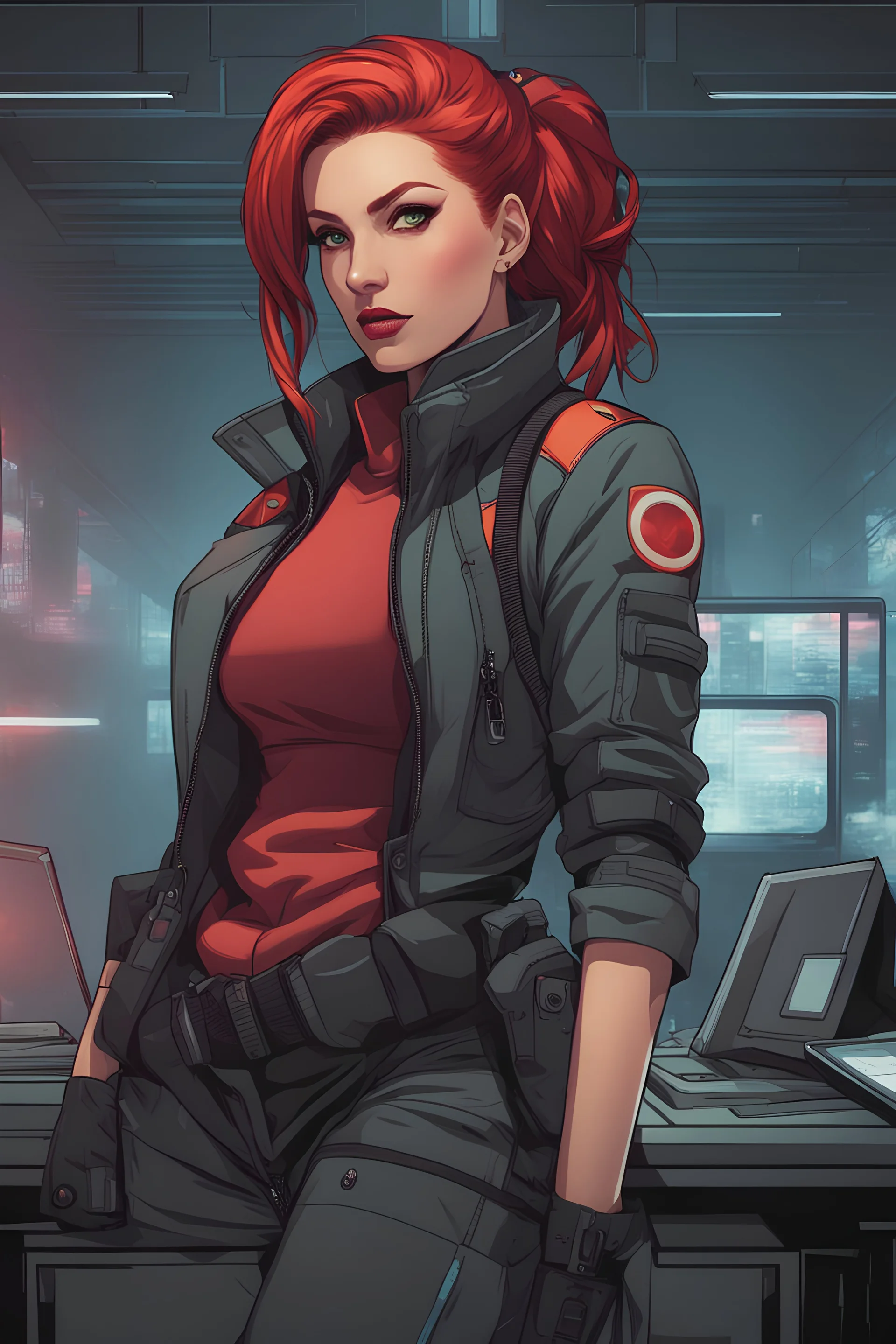 cute and hot female cyberpunk with red hair in a bun, medic, wearing an jacket and pants, background corridor, comic book style