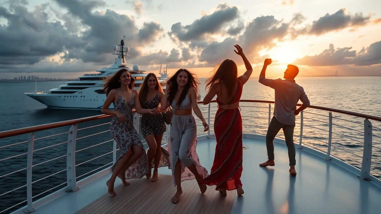 a group of young ladies and young men are dancing to camera on deck of a modern ship in oceion,a big luxury ship passes ,modern city escape at distant,cloudy sun set sky