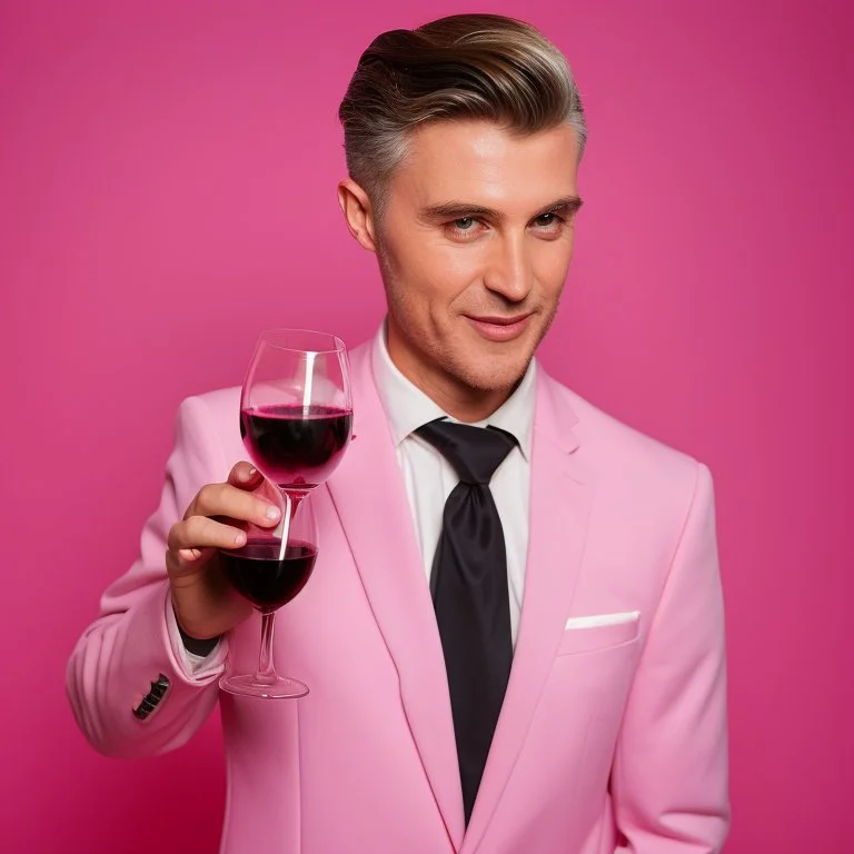 man in a pink suit, glam style and a glass of red wine in his hand, pink background too, real photography, portrait photography