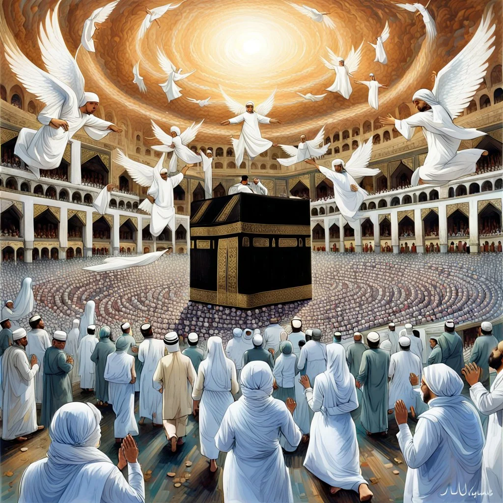 The scene in Mecca: People wearing white Ihram clothes, men without head coverings, women with veils, circumambulating around the Kaaba, and above them are transparent white spirits of children, men, and women with wings revolving around the Kaaba.