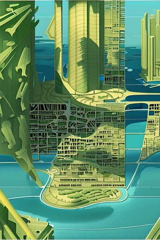 high detail map of tropical dystopian city