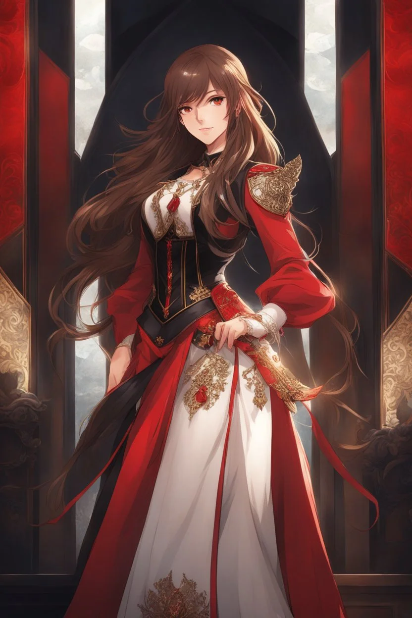 (masterpiece), (anime style), award winning, centered, looking toward camera, long brown hair, confident young woman, red eyes, intricately detailed modern setting, dynamic lighting, dynamic composition, ultra detailed, (epic composition, epic proportion), wearing red and black fantasy clothing