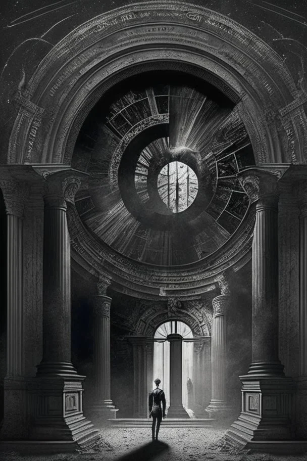 A palace in the form of a time portal, a man black colour