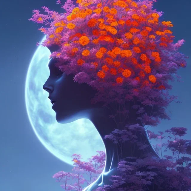 silhouette, monde en fleurs, concept art, crépuscule , bleu oranger, vibrant Color, réaliste