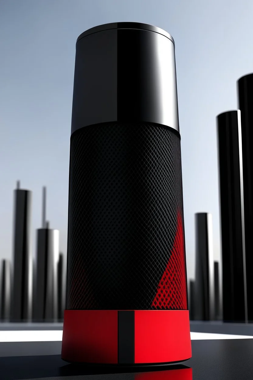 portable speaker, form inspired by merdeka 118 tower , architecture form, geometric design style and black and red color