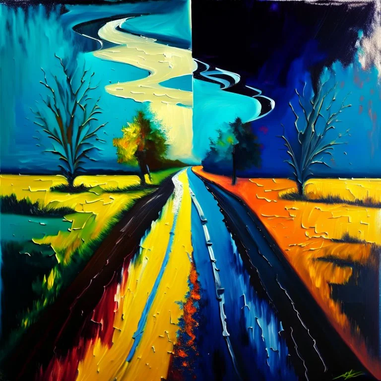 two roads diverged , art, oil colors, bright