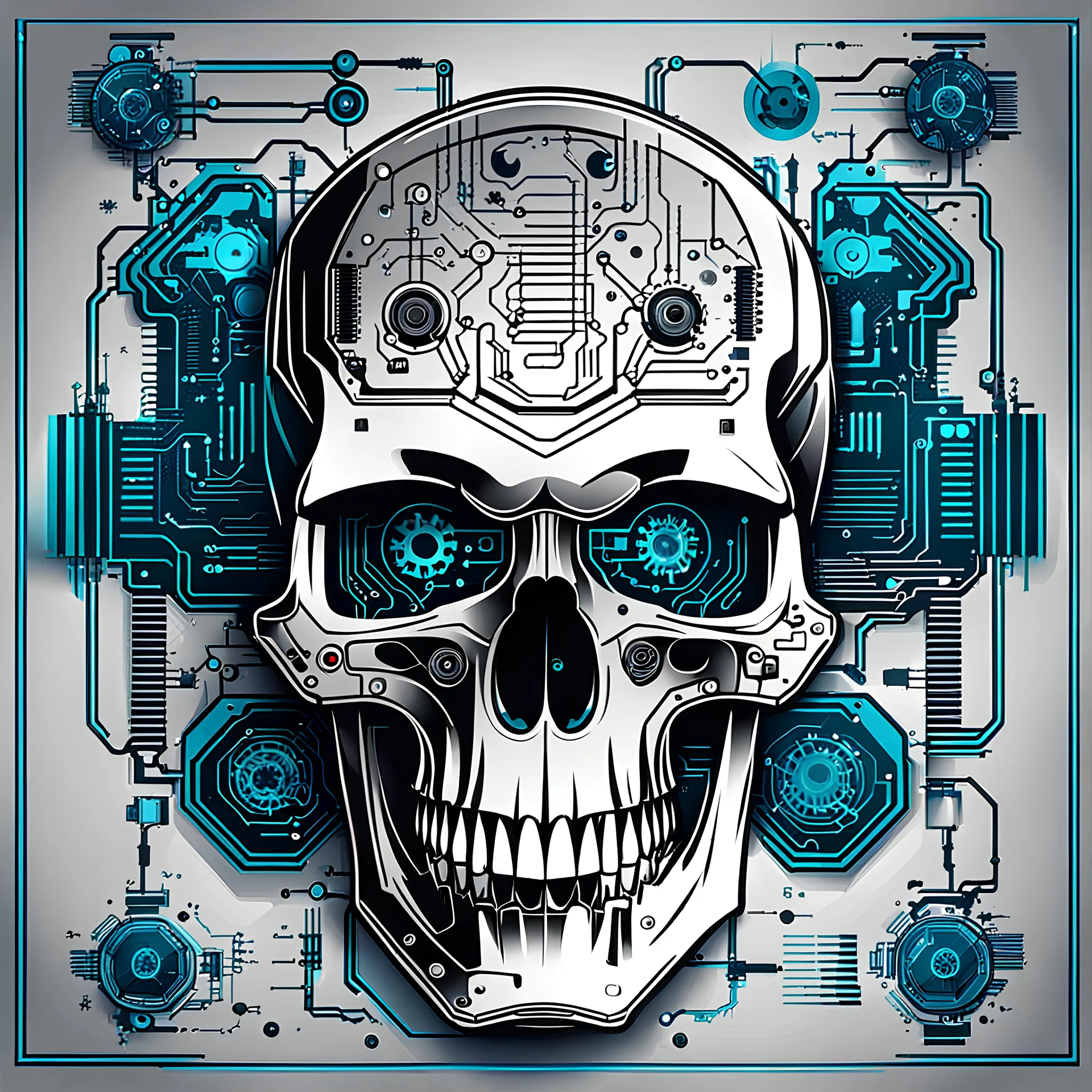 FLAT VECTOR LAYERED IMAGE OF CYBERNETIC SKULL PARTS IN A SCHEMATIC