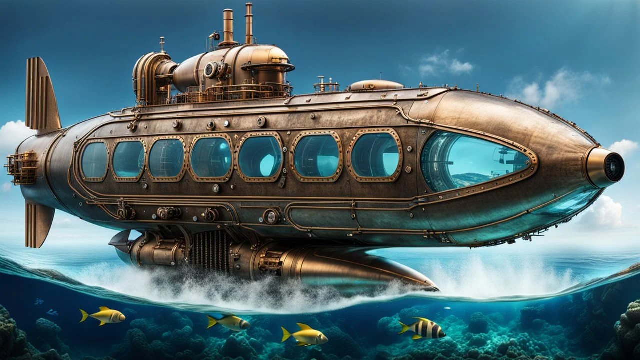 An extreme cyber steampunk glass and metal submarine in the ocean, with large of water surrounding it. The submarine bottom positioned in the center of the frame, providing a unique perspective on this streamlined high-techstructure and interior equipment underwater, high detalied, sharp focus, best shot, sci-fi mood