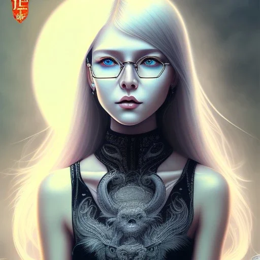 glasses, girl, emotionless face, long white hair, full body, realistic painting, tattoo, intricate detail short hair, glasses, sueter, darkblue tones,