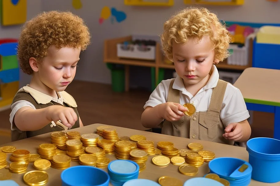 a curly-haired blond boy counts money and stacks gold coins in a modern nursery, in sunshine