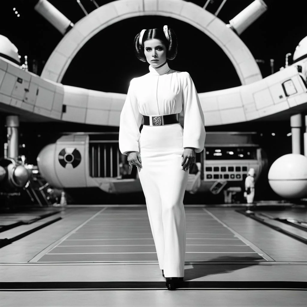 a standing revealing full body black and white photoshoot Princess Leia with her Star Puffs hairstyle, she is poised on hands and knees, by Helmut Newton, typical for the suggestive style of Newton (high quaintly perfect photo) the background is a space dock
