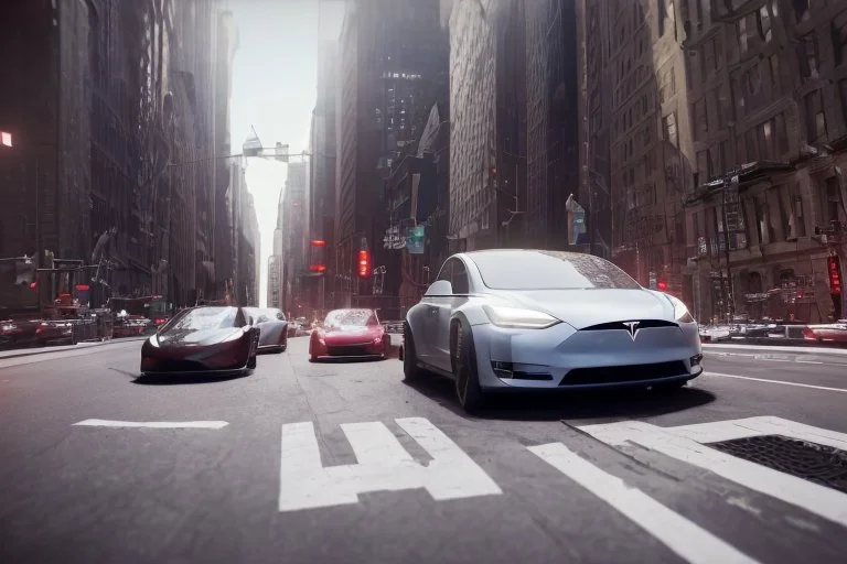 A Tesla 'Model Y' is racing at top speed, on 'Wall Street', in New York. (CINEMATIC, WIDE ANGLE LENS, PHOTO REAL)