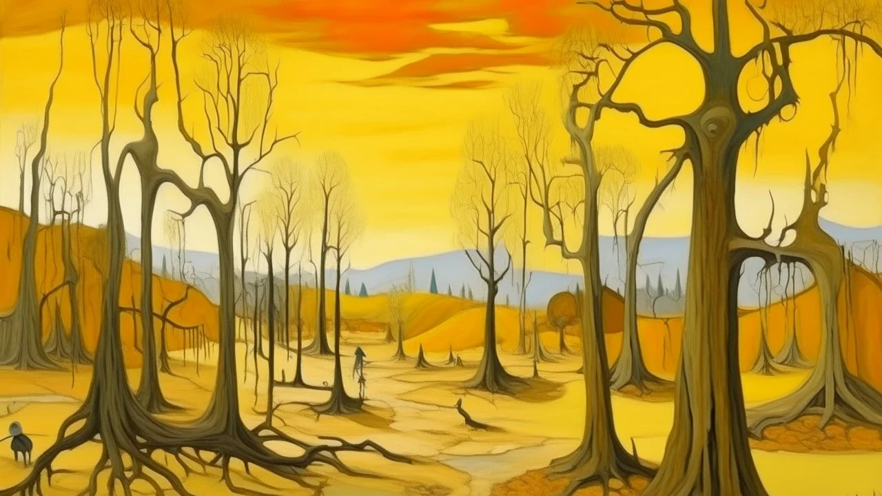 Orangish yellow bony wastelands with dry trees painted by Diego Rivera