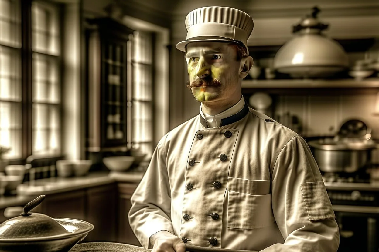 ww1 cook talking close-up standing up looking to the camera, ww1 mansion kitchen background