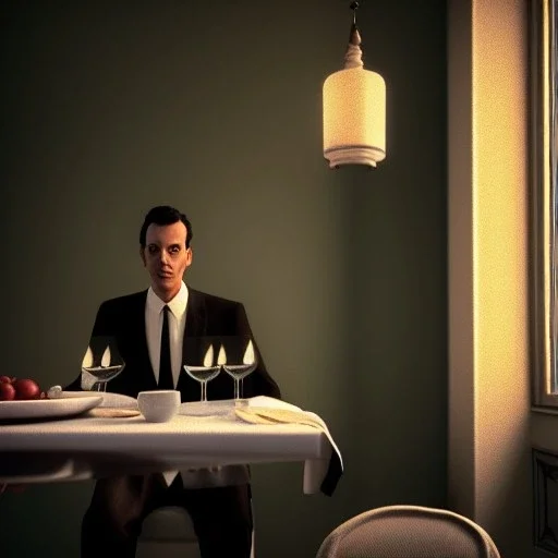 Ultra realistic photographic portrait, elegant Marcello Mastroianni man sitting with arms resting on Italian kitchen table, pretty tortellini dish, retro dress by 1960, suit, classic style decoration, cold, soft color, highly detailed, unreal engine 5, ray tracing, RTX, lumen lighting, ultra detail, volumetric lighting, high definition.