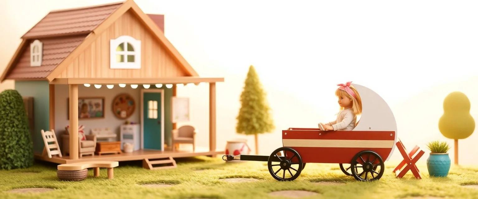 doll house with doll camping wagon