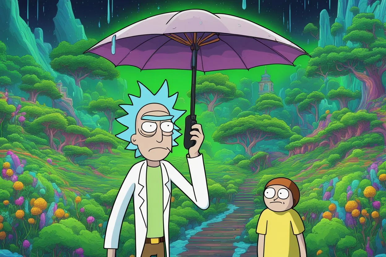 Rick and morty in 8k cartoon artstyle, neon effect, close picture, rain, fantasy world, intricate details, highly detailed, high details, detailed portrait, masterpiece,ultra detailed, ultra quality