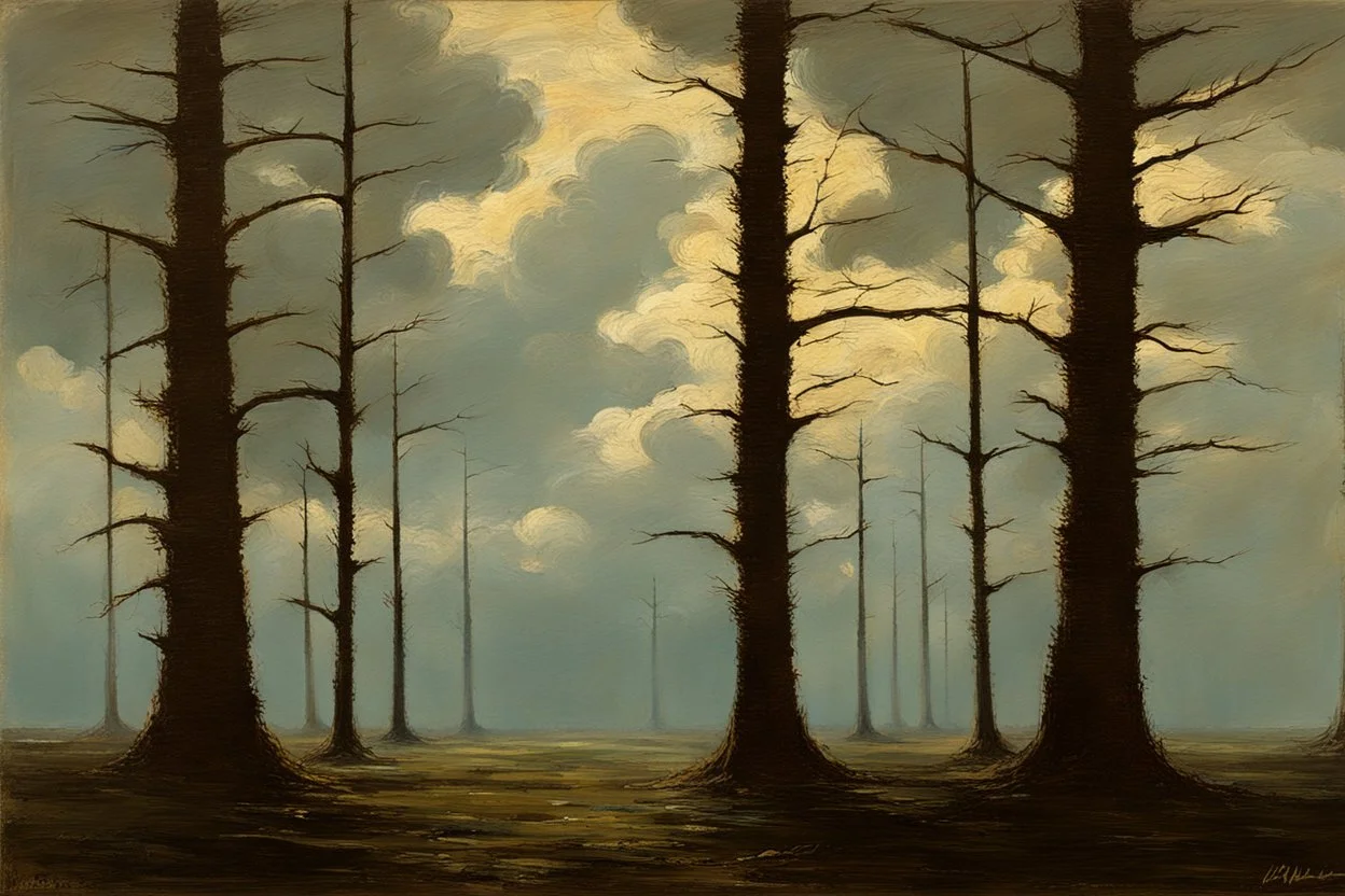 Trees, clouds, 2000's gothic films influence, otto pippel and willem maris impressionism painting