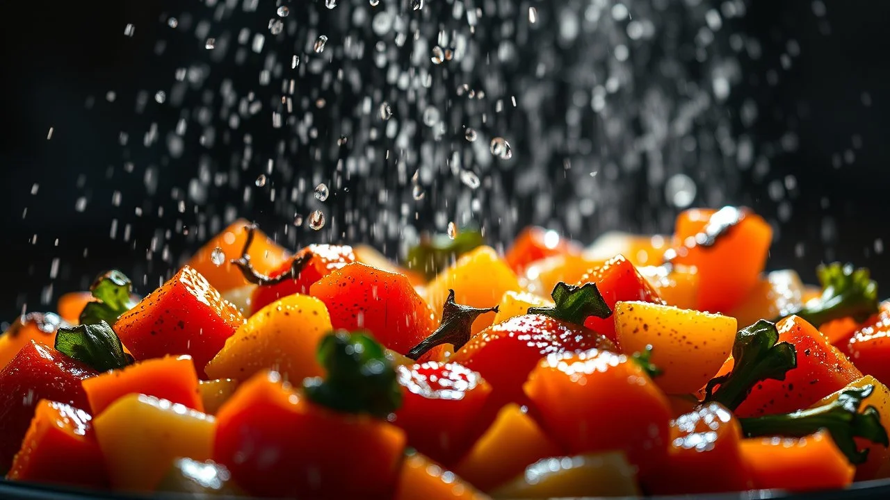 shower of shining cooked vegetables, delicious, glistening, volumetric lighting, water spray, RTX, incredible detail, photographic realism