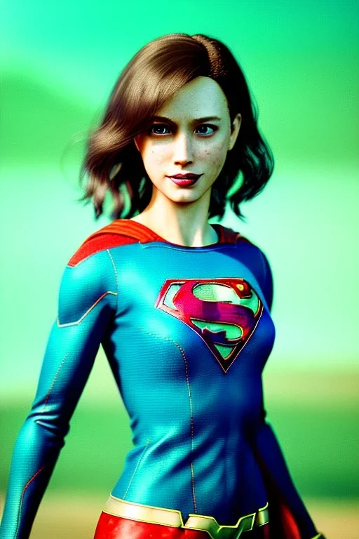 Waist up portrait, woman, make-up, happy, dildo advertising, Realistic image, 60s, supergirl, tights minimal dress, sweat, Color background, photo studio, concept art, smooth, unreal engine 5, god lights, ray tracing, RTX, lumen lighting, ultra detail, volumetric lighting, 3d, finely drawn, high definition, 4k.