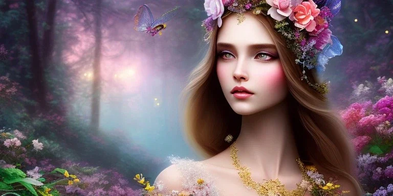 bright fairy, beautiful portrait, flowery landscape