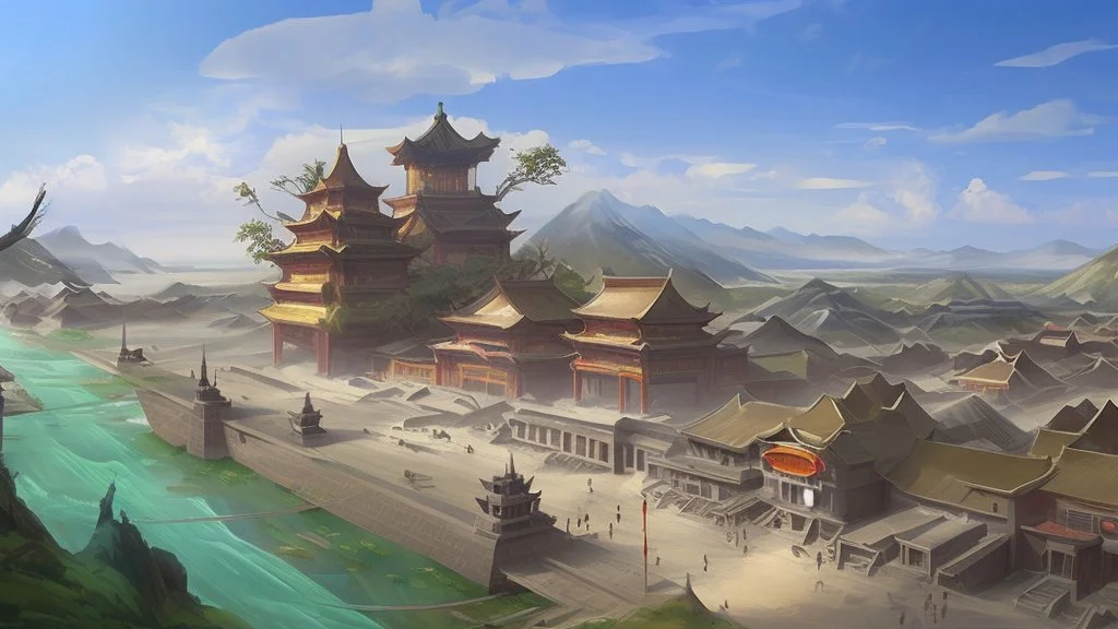 ancient, fantasy, chinese town, dune, crater, sand strom, destroyed chinese houses