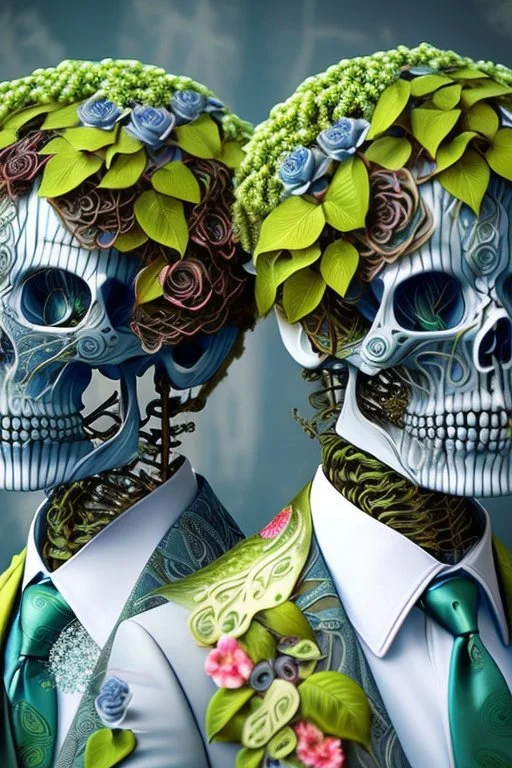 Surreal Couple Made Of Metal Skeletons With Flowering Vines Growing Through; Wearing Blue Gray Green Striped Business Suits With Paisley Shirts And Ties; Surreal, Intricately Detailed, Beautiful, Colorful