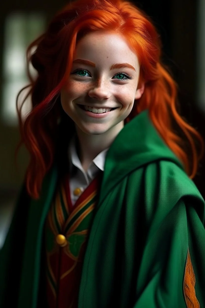 A Lively girl with red hair and green eyes and she is wearing a hogwarts robe