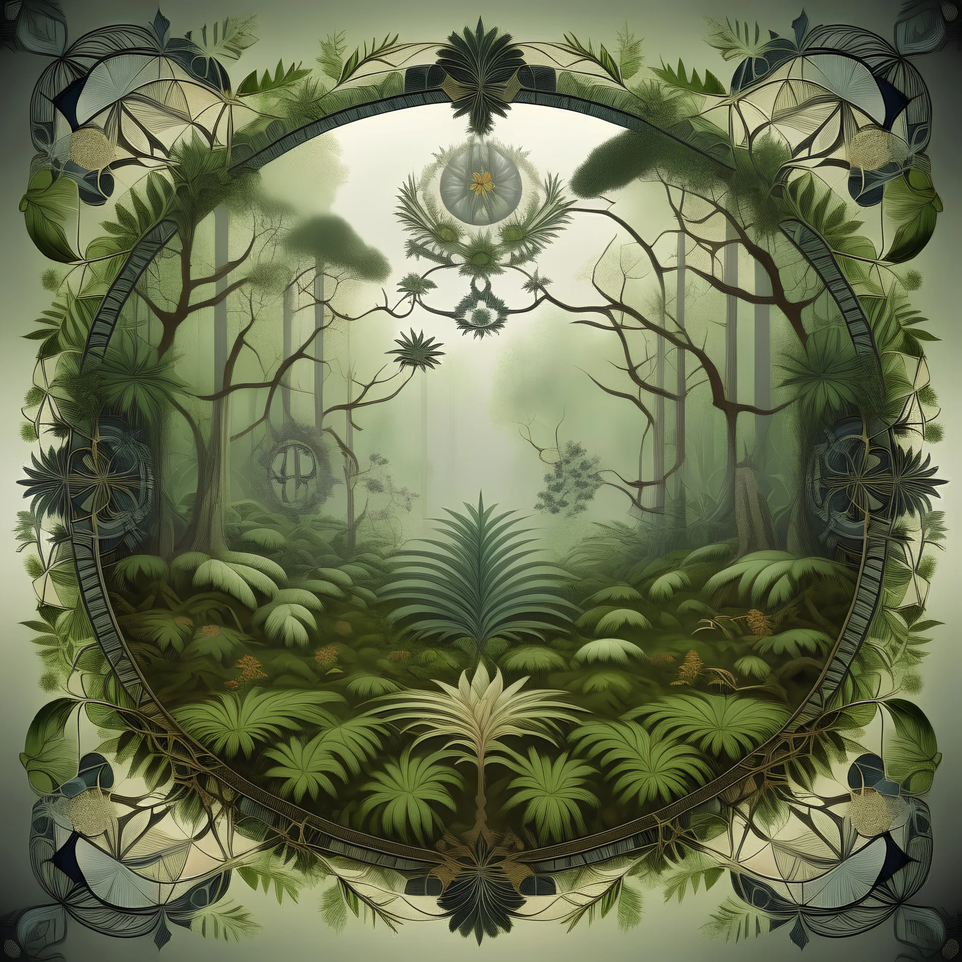 realistic image like a photo of Indian mandala of forest. on first plan ferns, behind roots, tress, flying birds