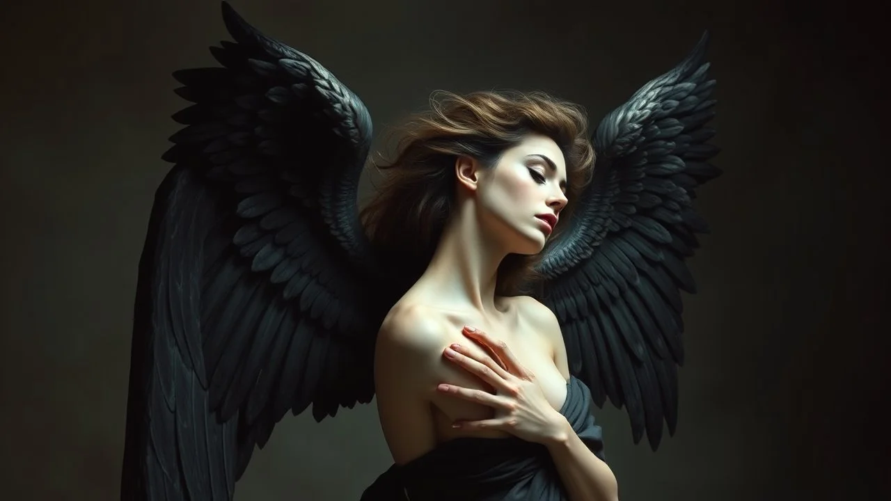 Beautiful woman with dark angel wings by roberto ferri, dreamy lighting neoclassical aesthetic