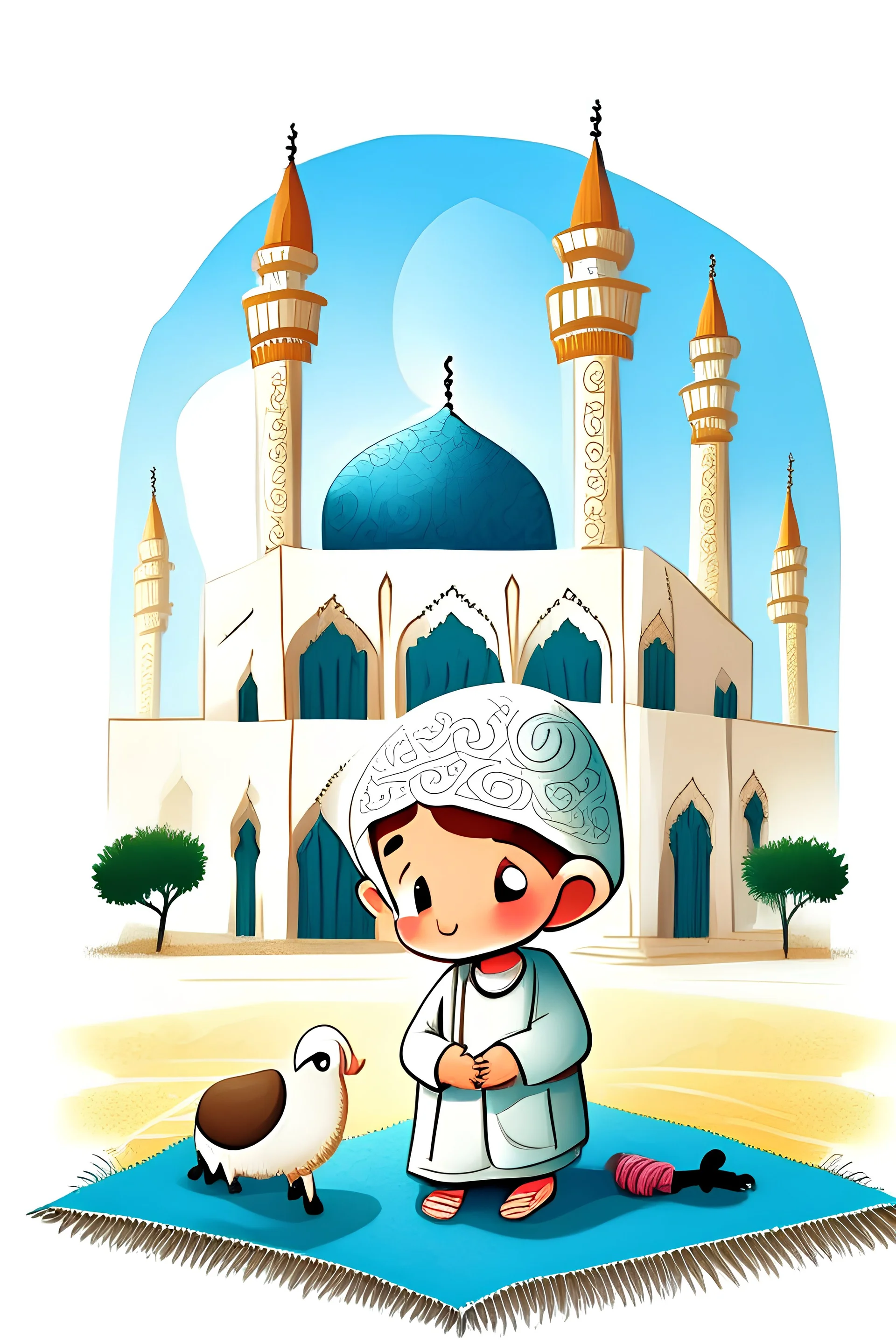 illustration of mosque for children rhyming book with a white background and a cute boy with a sheep along praying mat mosque should be colourful the sheep should be visible