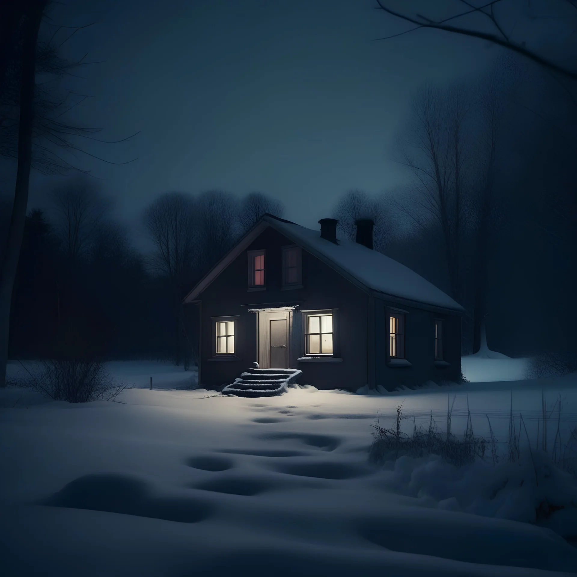 analog film style - A small, solitary house centered in a tranquil, snowy landscape at night lit by ambient twilight. The house is dimly cool lit from the inside, casting a soft glow on the fresh snow around it. The background features tall, icy trees shrouded in a gentle twilight, with subtle hints of snow falling silently. The scene is quiet and still, evoking a sense of liminal isolation in the midst of a cold winter's evening.