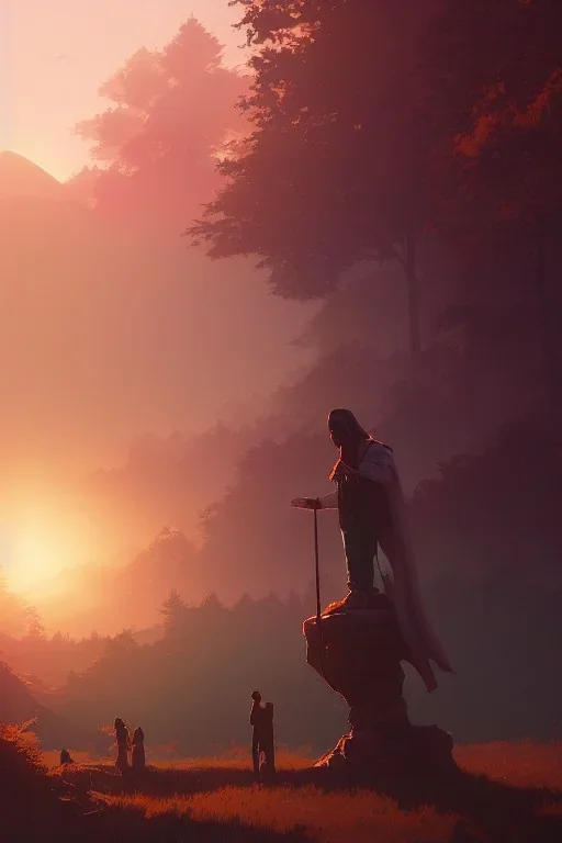  Jesus statue, A beautiful landscape at dawn by atey ghailan, ismail inceoglu, michal lisowski, artstation, volumetric light, high detail, perfect