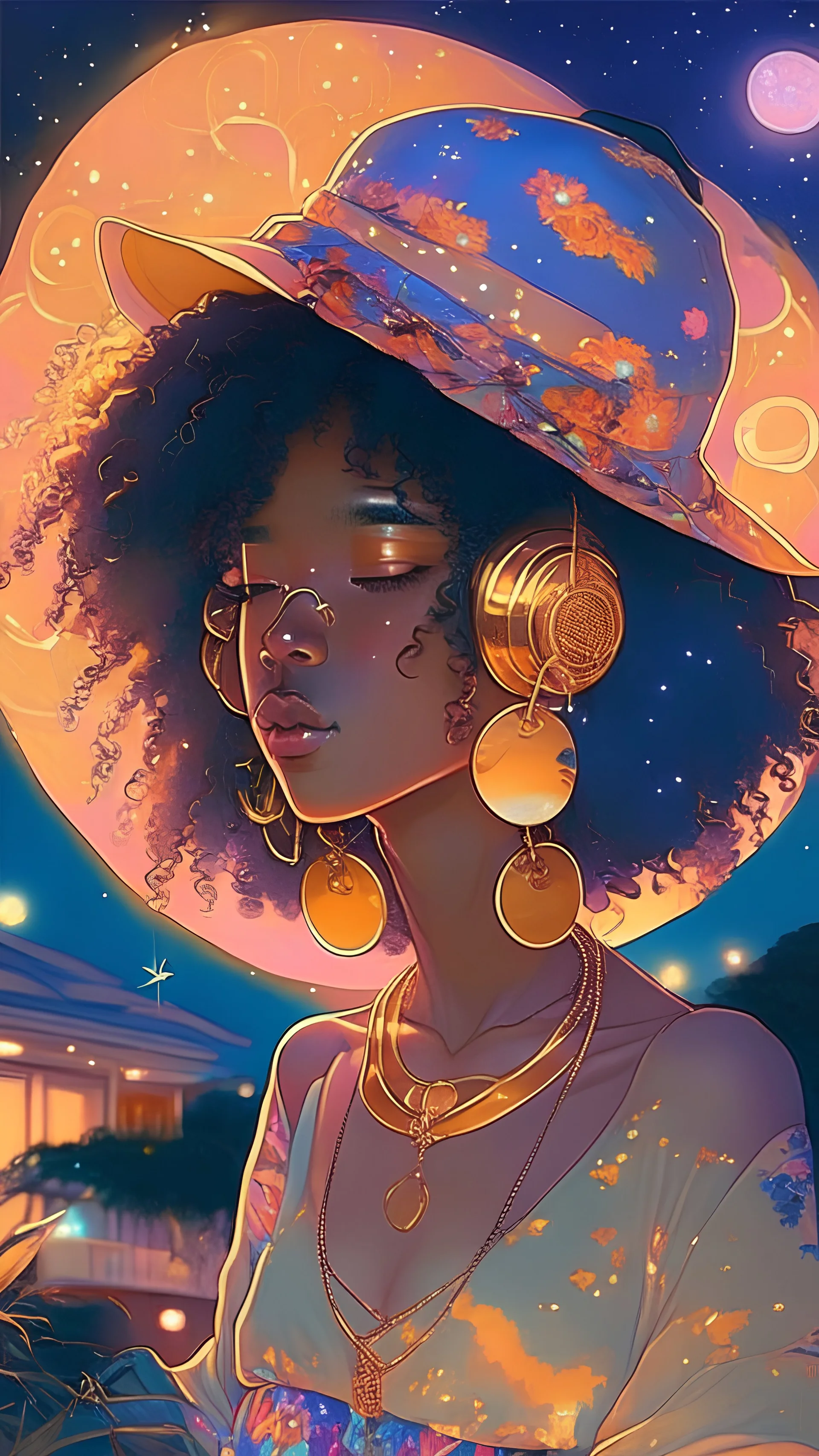 universe meets summer night, soulful asian girl, afro, gold jewellery, hat, music, lofi tones, lofi hip hop vibes