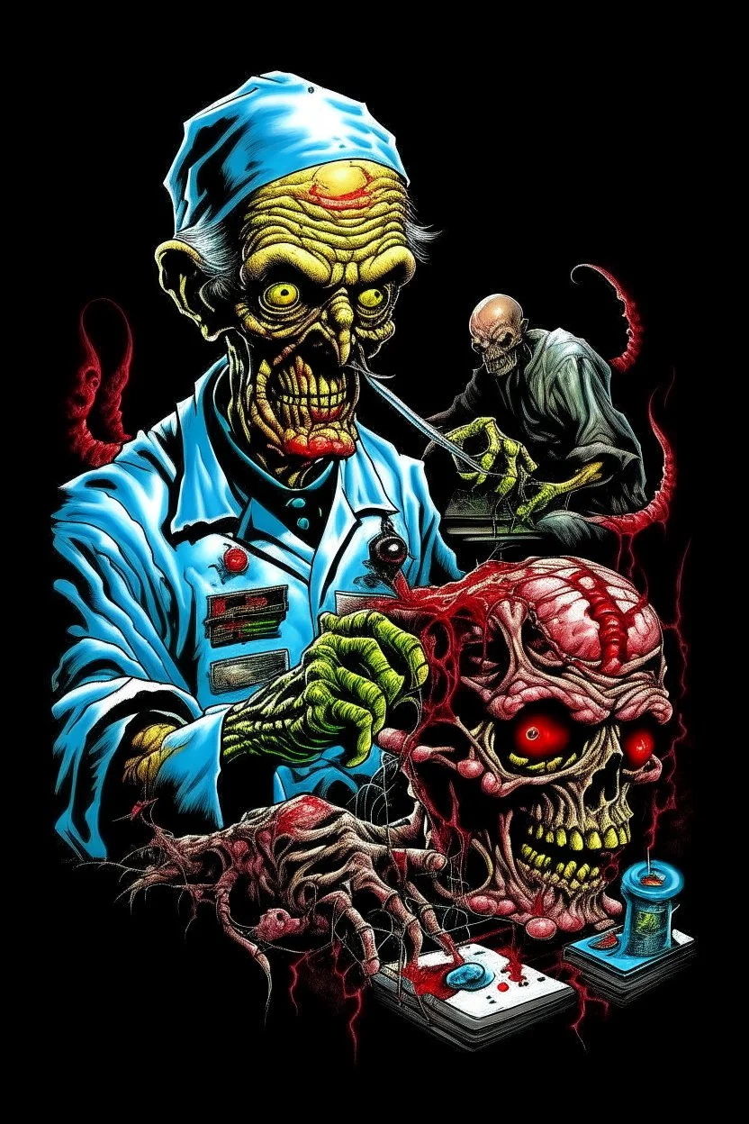 Science experiment Horror surgeon by Richard Corben, Todd Schorr, T-Shirt Design, Black Background