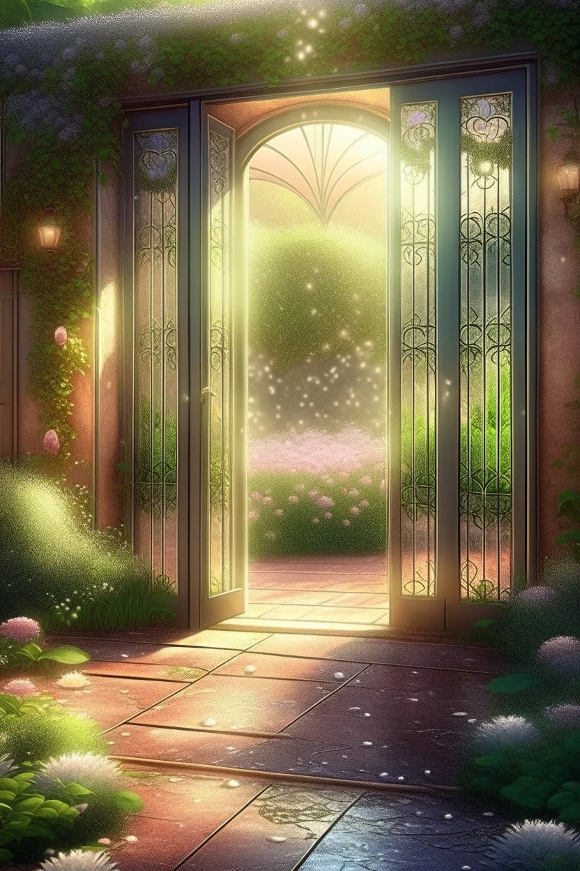 An open door to a beautiful summer garden, ,complex, amazing, magical gentle, sparkling dew drops, dawn, magically, in pastel transparent tones, hyperrealistic, beautiful, lumen, professional photo, 3d, 64k, high resolution, hyperdetalization, hyperrealism, f16,1/300s, highly detailed digital painting, bright, juicy, photorealistic painting, solar illumination in the background, bright lighting, aesthetically pleasing, beautiful, clarity of contours