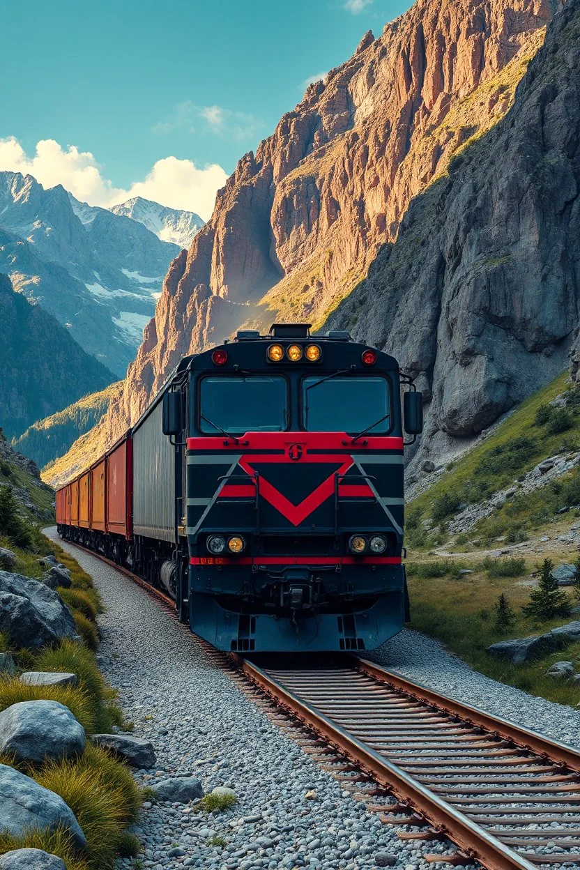 A train truck in stunning mountain landscape, mountain gorge, bright color palette, high detail, perfect composition, gcinematic shot, intricate details, hyperdetail.the train collide with the anther train