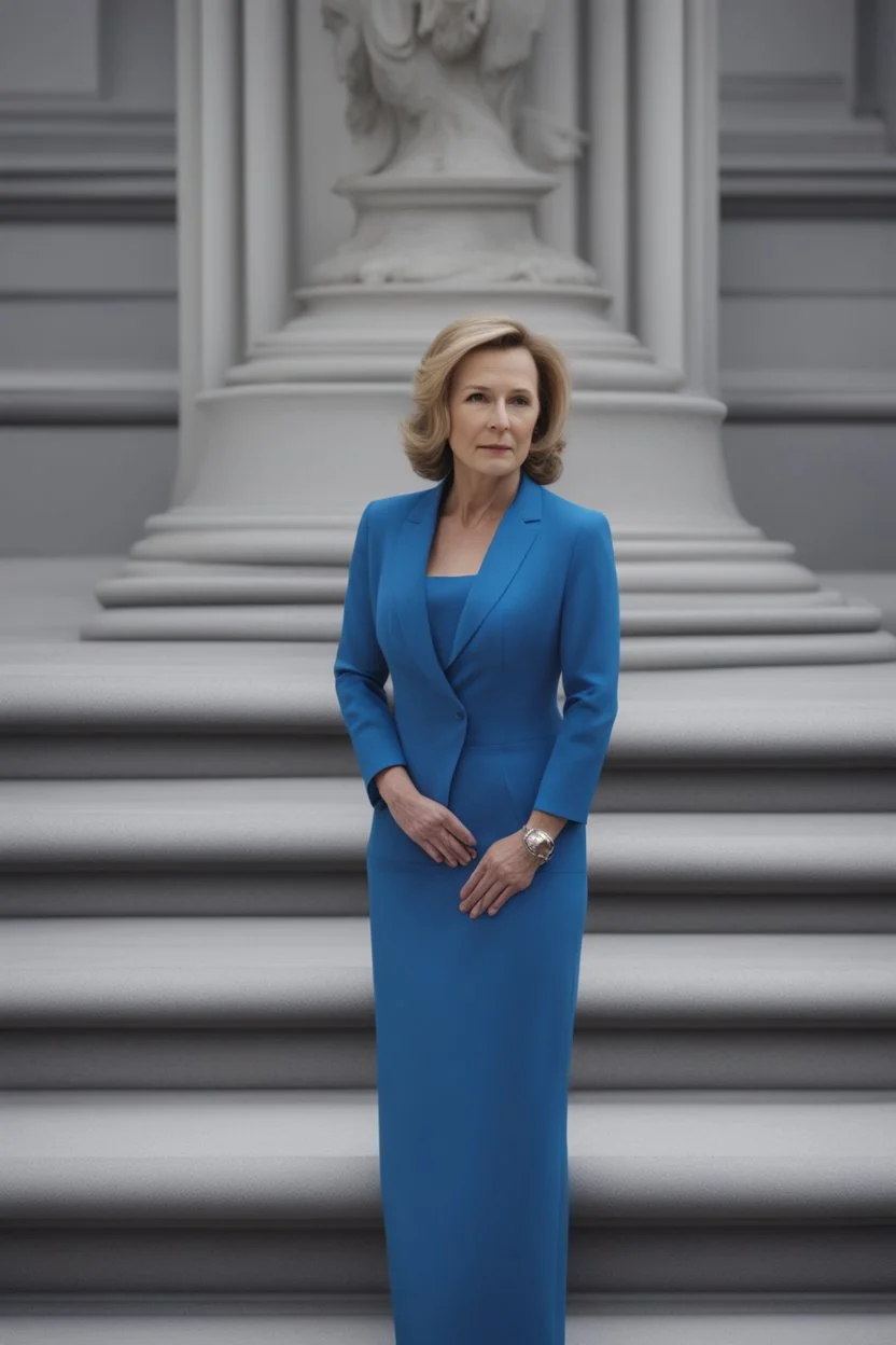 Powerful classical portrait of a 2000s politician in her early 40s wearing a blue dress standing in a powerful position a little zoomed out