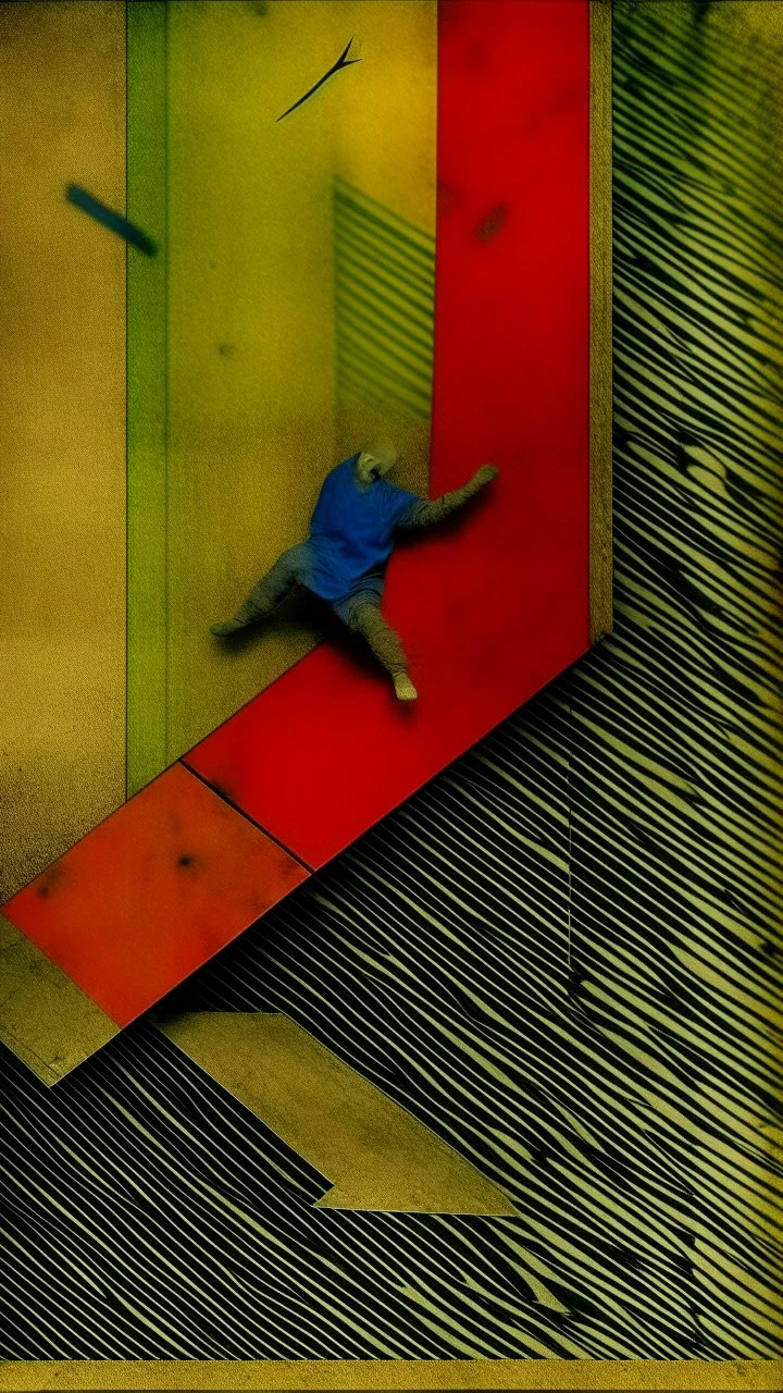 aerial view of the devil's servant hilariously falling down the slide of madness, background with paul klee texture, polaroid in the Jasper Johns Style