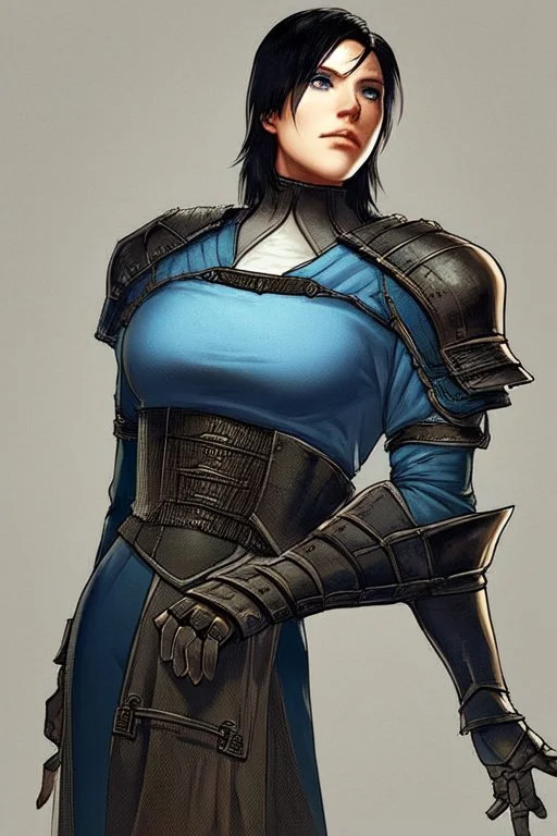 Motoko Kusanagi from "Ghost In The Shell (1995)", clad in medieval stell plate armour, alone, blue eyes, perfect, beautiful, black hair, realistic proportions, androgynous