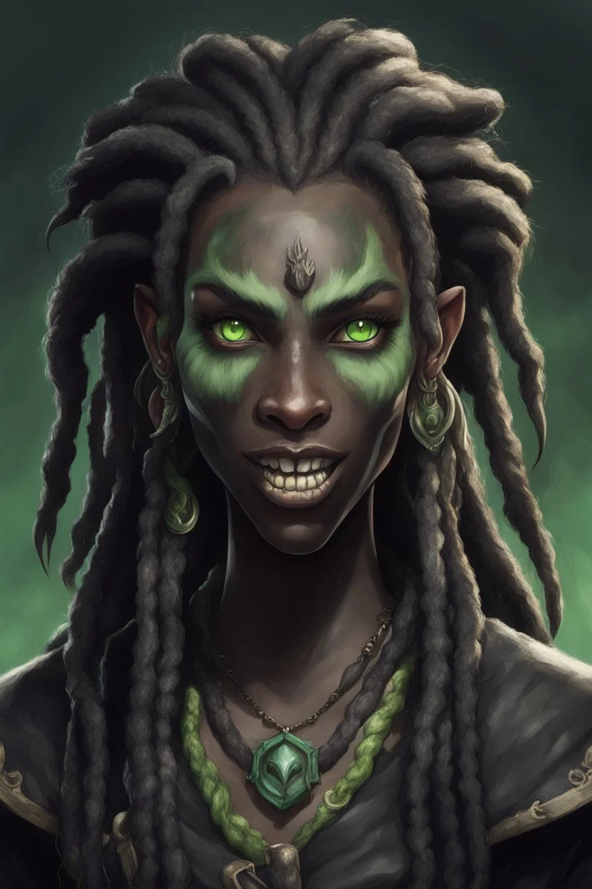 generate a dungeons and dragons character portrait of a female beast-human with black skin, dreadlocks, green piercing eyes, fangs and a thick nose. She is wearing black clothes and has tusks