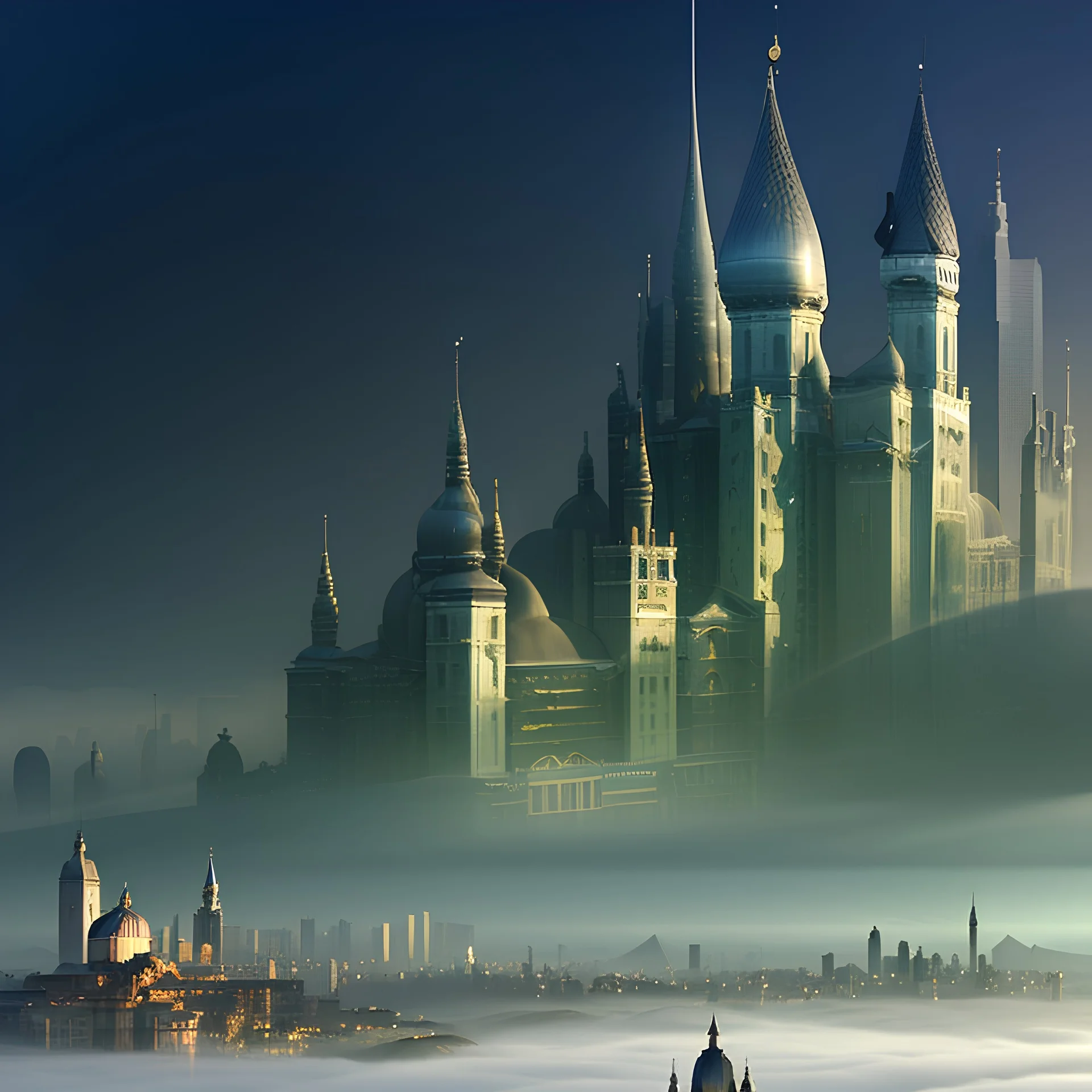 surreal cityscape with buildings and mist Create a magical garden with enchanted glicine, edera, muschio, creatures,fantasy, India, Scozia, Fate, draghi, castle,moss, perle,Venezia, stelle, scintille,pioppini, scoiattoli, lucciole,funghi, 3D, raggi divini,nitidezza, ultra qualiltà, perfezione. foresta