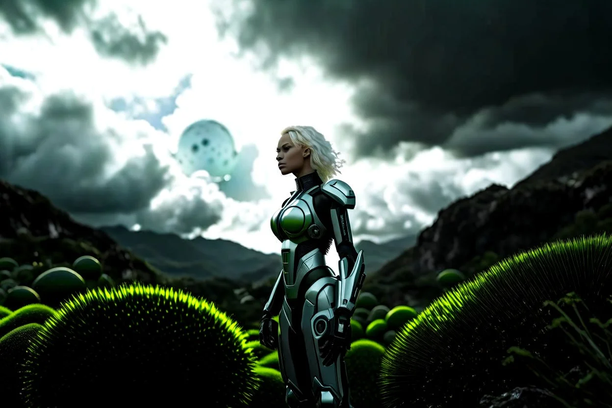 Wide angle photo of a sci-fi woman with blond hair, silver and black futuristic spacesuit looking android-like, standing on a derelict alien jungle planet with cloud trees in multiple green hues